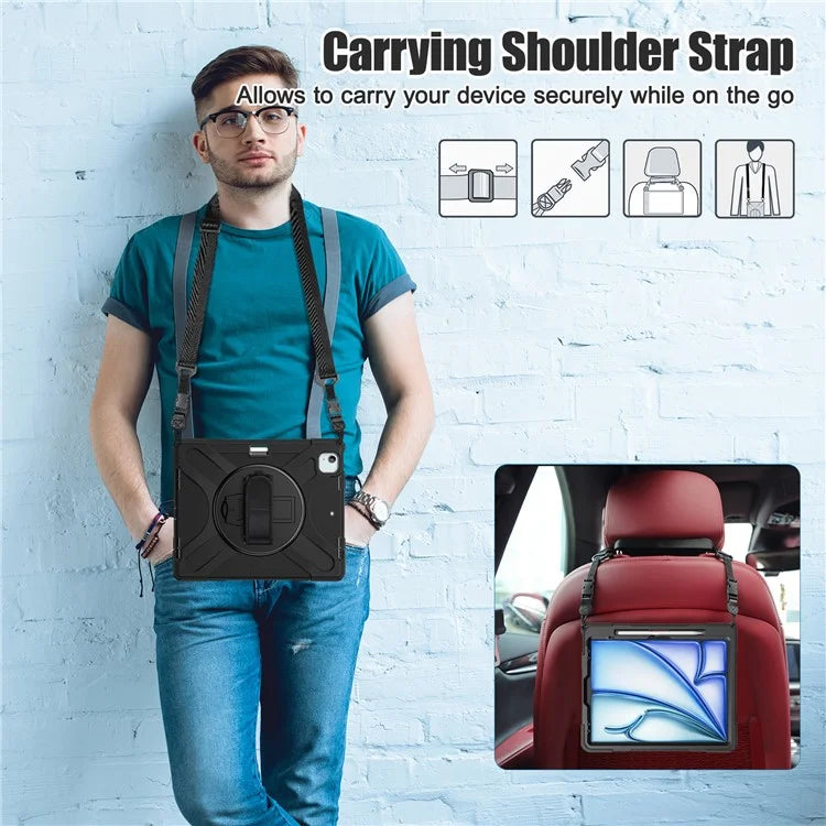 For iPad Air 11 (2024) Case with Shoulder Strap TPU+PC+Silicone Kickstand Tablet Cover