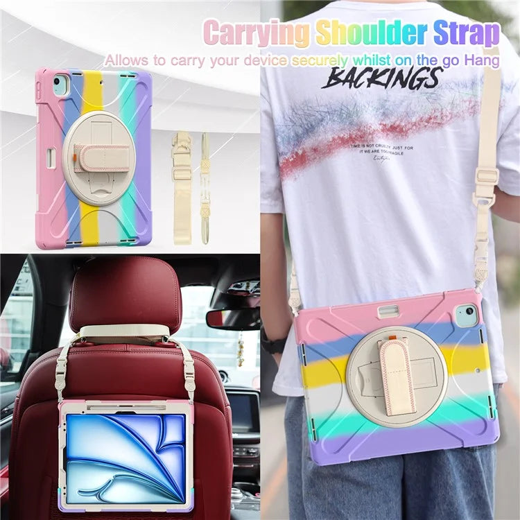 For iPad Air 11 (2024) Case with Shoulder Strap TPU+PC+Silicone Kickstand Tablet Cover