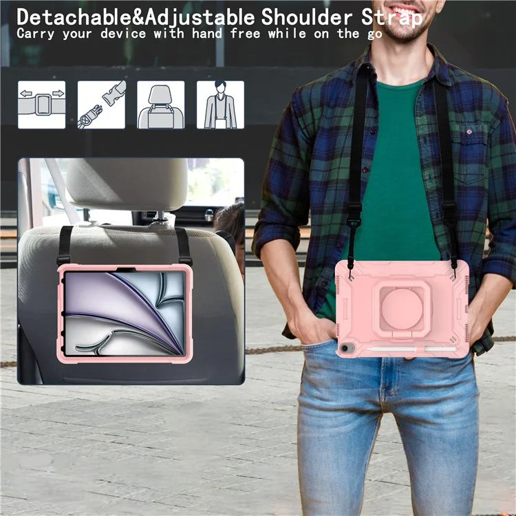 For iPad Air 11 (2024) Case with Shoulder Strap PC+Silicone Hand Grip Kickstand Tablet Cover
