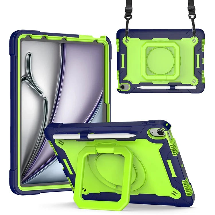 For iPad Air 11 (2024) Case with Shoulder Strap PC+Silicone Hand Grip Kickstand Tablet Cover