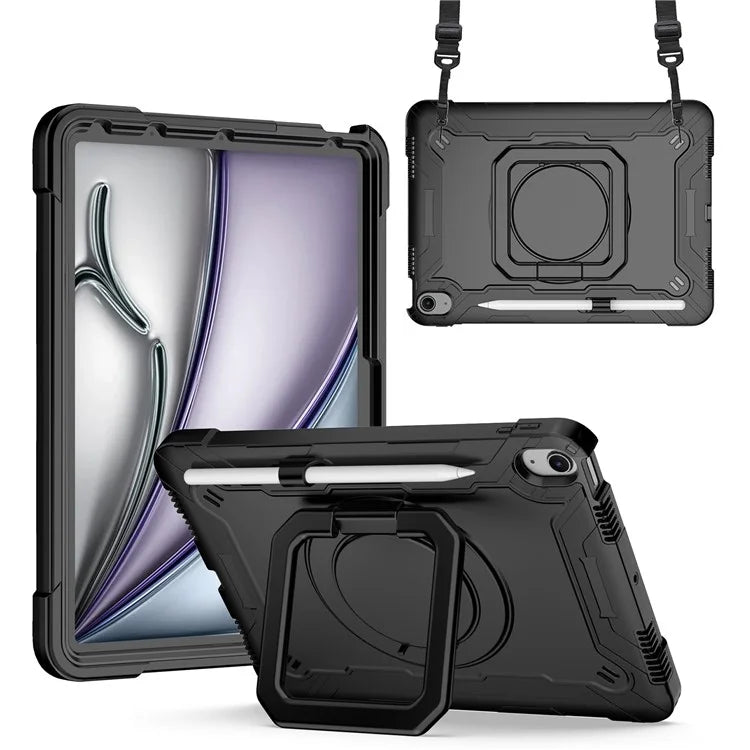 For iPad Air 11 (2024) Case with Shoulder Strap PC+Silicone Hand Grip Kickstand Tablet Cover