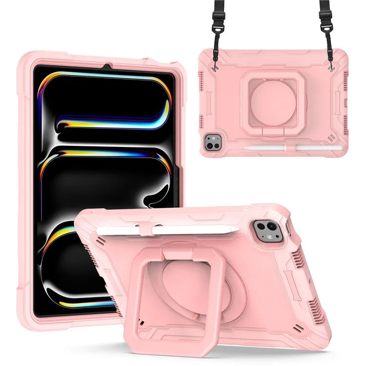 For iPad Pro 11 (2024) Case Rotary Kickstand PC+Silicone Tablet Cover with Shoulder Strap