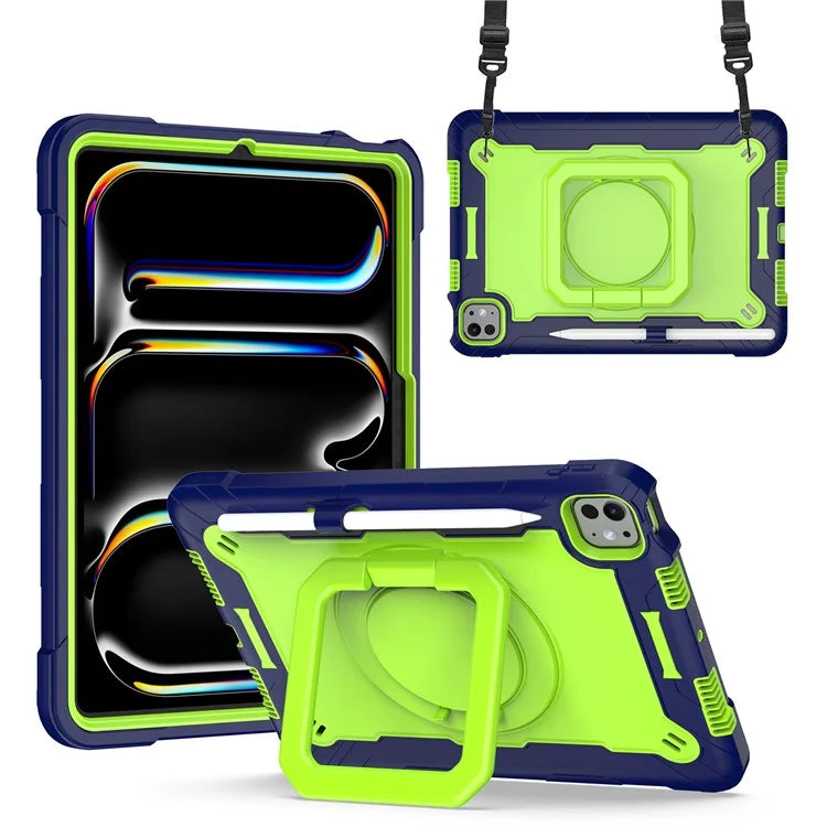 For iPad Pro 11 (2024) Case Rotary Kickstand PC+Silicone Tablet Cover with Shoulder Strap