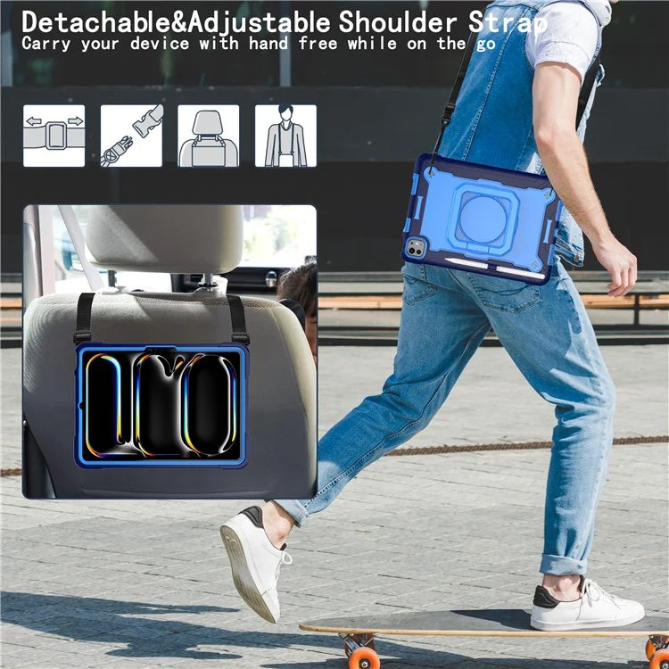 For iPad Pro 11 (2024) Case Rotary Kickstand PC+Silicone Tablet Cover with Shoulder Strap