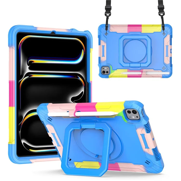 For iPad Pro 11 (2024) Case Rotary Kickstand PC+Silicone Tablet Cover with Shoulder Strap