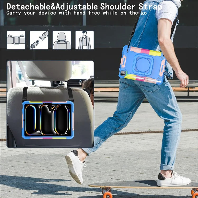 For iPad Pro 11 (2024) Case Rotary Kickstand PC+Silicone Tablet Cover with Shoulder Strap