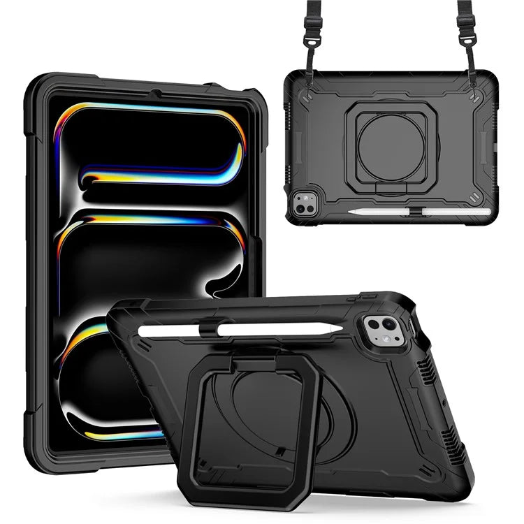 For iPad Pro 11 (2024) Case Rotary Kickstand PC+Silicone Tablet Cover with Shoulder Strap