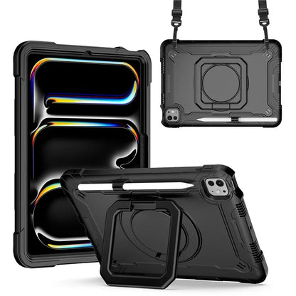 For iPad Pro 11 (2024) Case Rotary Kickstand PC+Silicone Tablet Cover with Shoulder Strap