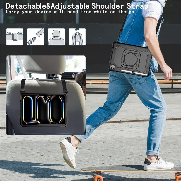For iPad Pro 11 (2024) Case Rotary Kickstand PC+Silicone Tablet Cover with Shoulder Strap