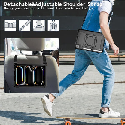 For iPad Pro 11 (2024) Case Rotary Kickstand PC+Silicone Tablet Cover with Shoulder Strap