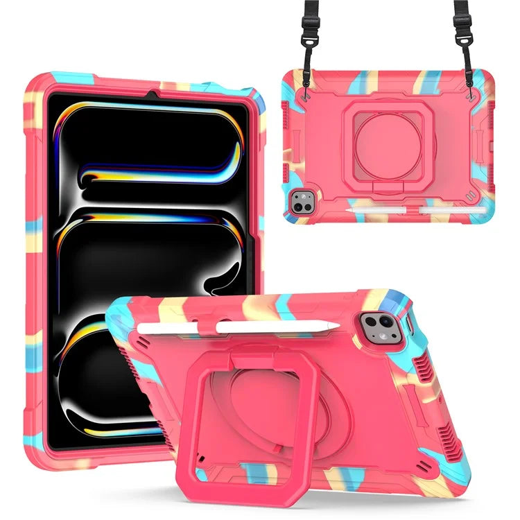 For iPad Pro 11 (2024) Case Rotary Kickstand PC+Silicone Tablet Cover with Shoulder Strap