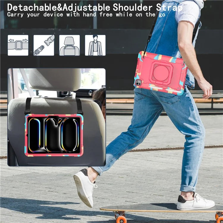 For iPad Pro 11 (2024) Case Rotary Kickstand PC+Silicone Tablet Cover with Shoulder Strap