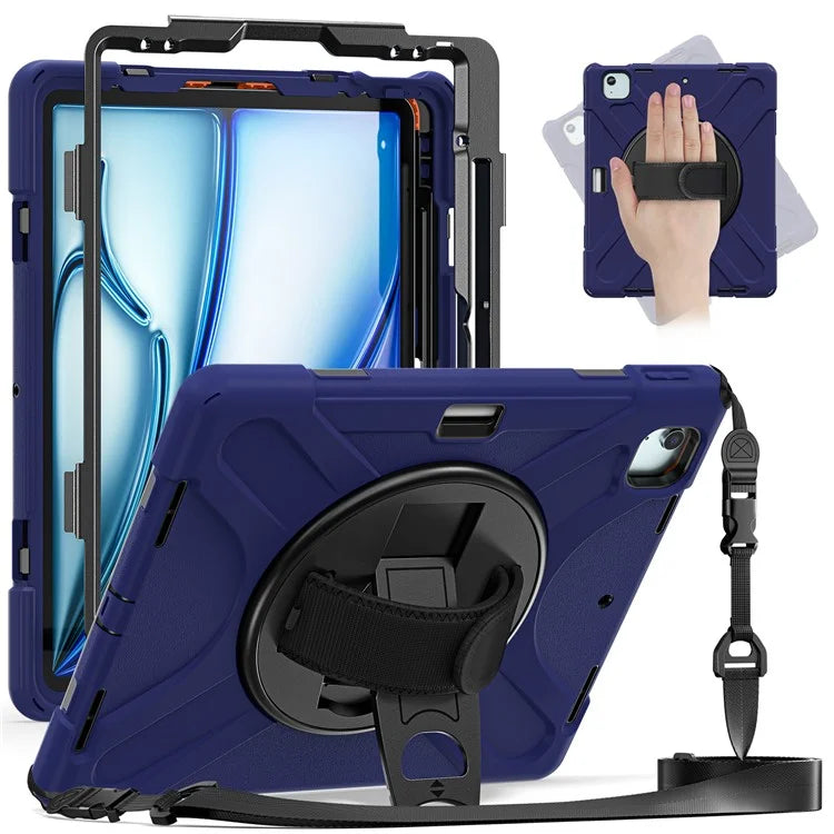 For iPad Air 13 (2024) Kickstand Case TPU+PC+Silicone Tablet Cover with Shoulder Strap