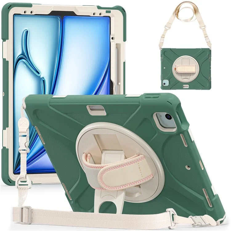 For iPad Air 13 (2024) Kickstand Case TPU+PC+Silicone Tablet Cover with Shoulder Strap