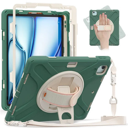 For iPad Air 13 (2024) Kickstand Case TPU+PC+Silicone Tablet Cover with Shoulder Strap