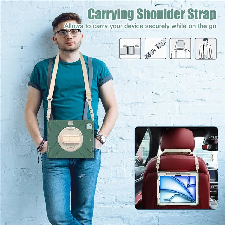 For iPad Air 13 (2024) Kickstand Case TPU+PC+Silicone Tablet Cover with Shoulder Strap