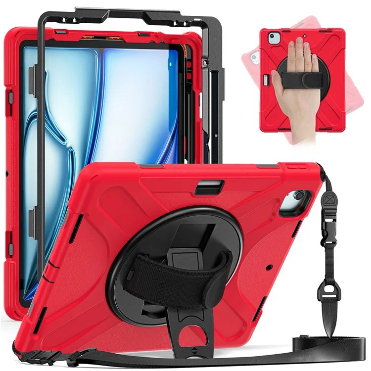 For iPad Air 13 (2024) Kickstand Case TPU+PC+Silicone Tablet Cover with Shoulder Strap