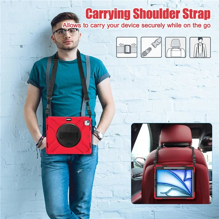 For iPad Air 13 (2024) Kickstand Case TPU+PC+Silicone Tablet Cover with Shoulder Strap