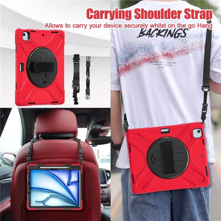 For iPad Air 13 (2024) Kickstand Case TPU+PC+Silicone Tablet Cover with Shoulder Strap