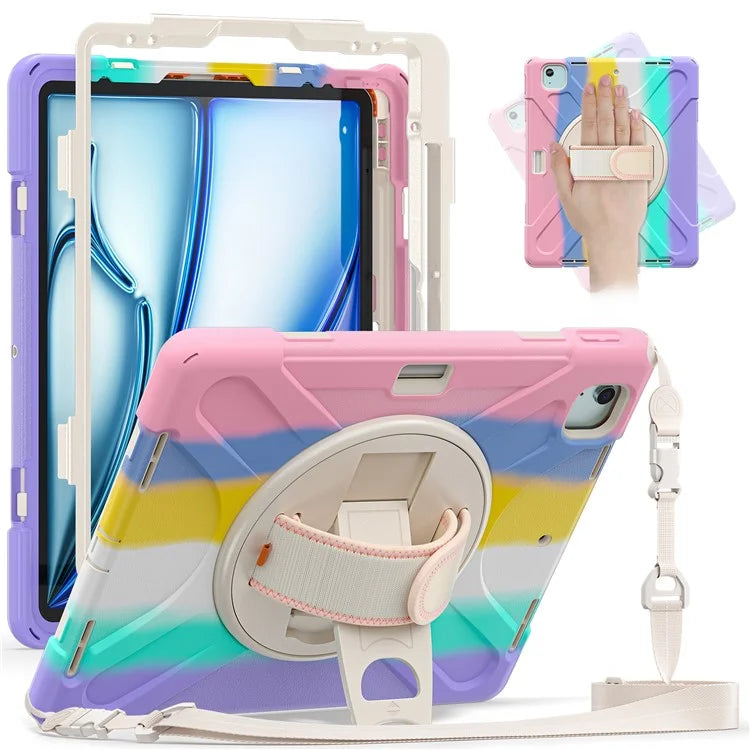 For iPad Air 13 (2024) Kickstand Case TPU+PC+Silicone Tablet Cover with Shoulder Strap