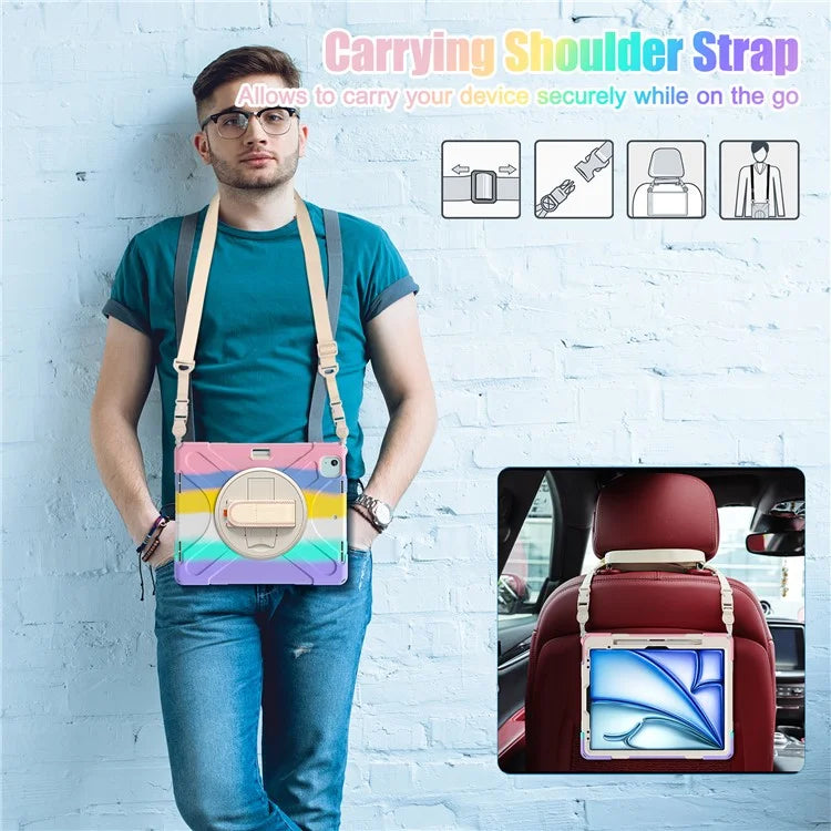 For iPad Air 13 (2024) Kickstand Case TPU+PC+Silicone Tablet Cover with Shoulder Strap