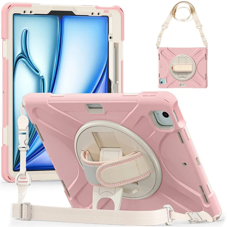 For iPad Air 13 (2024) Kickstand Case TPU+PC+Silicone Tablet Cover with Shoulder Strap