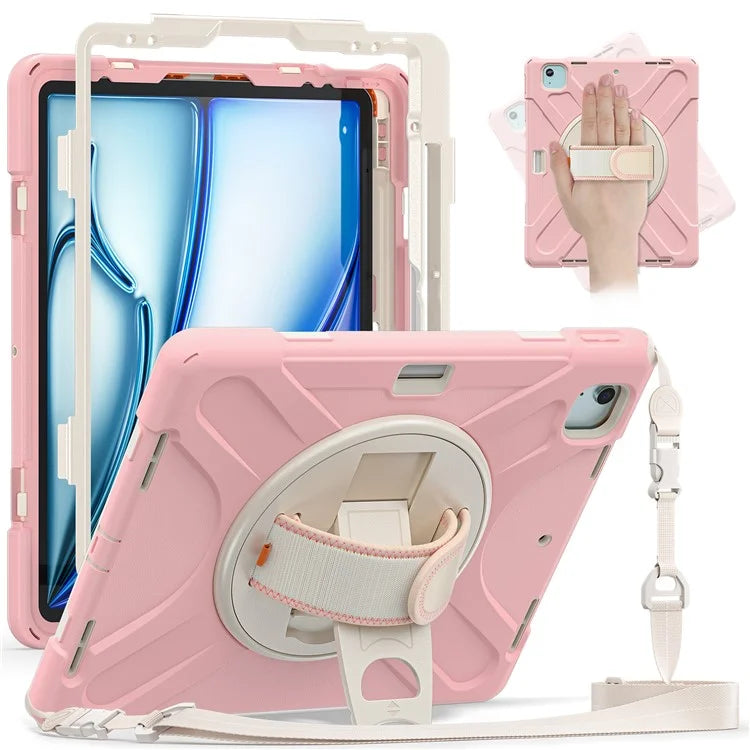 For iPad Air 13 (2024) Kickstand Case TPU+PC+Silicone Tablet Cover with Shoulder Strap