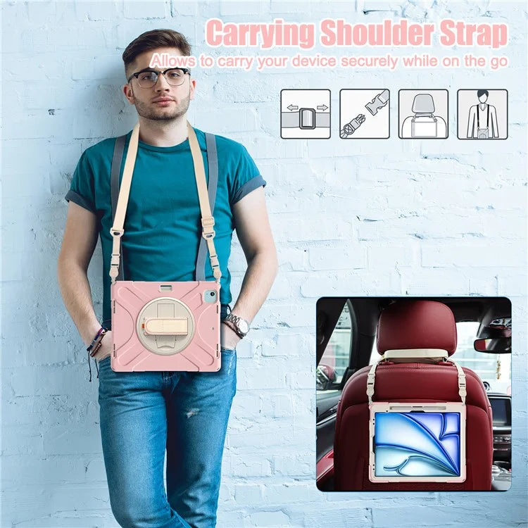 For iPad Air 13 (2024) Kickstand Case TPU+PC+Silicone Tablet Cover with Shoulder Strap