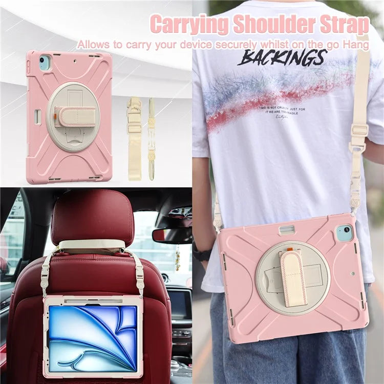 For iPad Air 13 (2024) Kickstand Case TPU+PC+Silicone Tablet Cover with Shoulder Strap