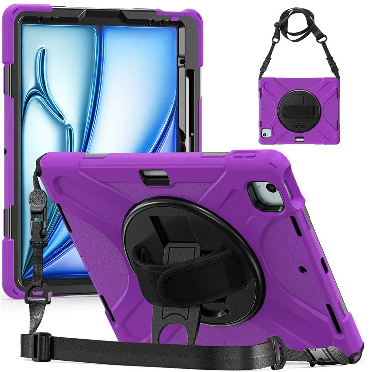 For iPad Air 13 (2024) Kickstand Case TPU+PC+Silicone Tablet Cover with Shoulder Strap