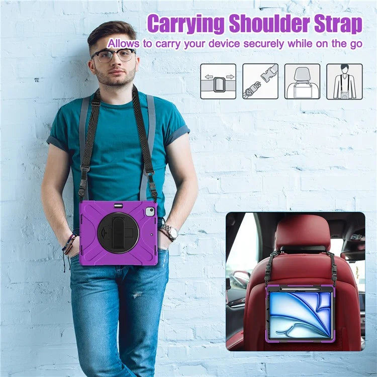 For iPad Air 13 (2024) Kickstand Case TPU+PC+Silicone Tablet Cover with Shoulder Strap