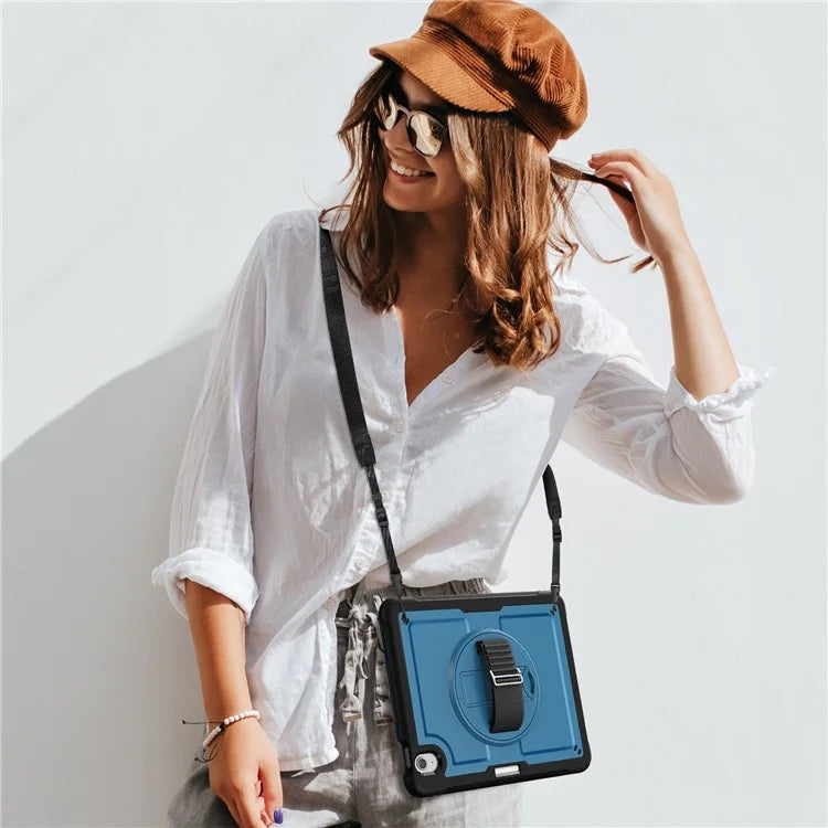 For iPad Air 11 (2024) Case Kickstand PC+TPU Tablet Cover with Pencil Holder Shoulder Strap