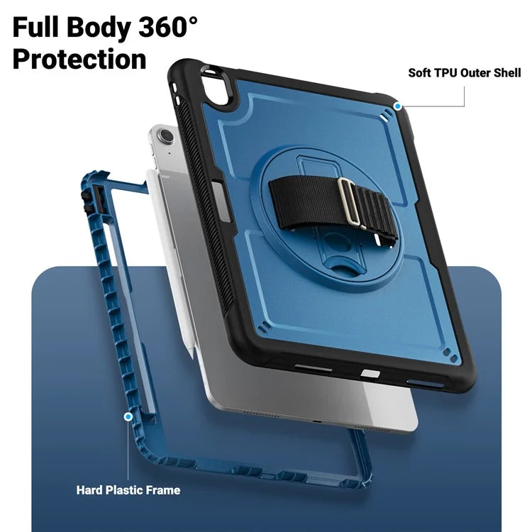 For iPad Air 11 (2024) Case Kickstand PC+TPU Tablet Cover with Pencil Holder Shoulder Strap