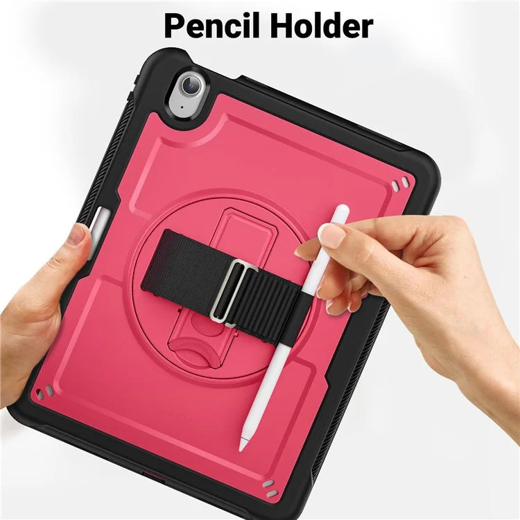 For iPad Air 11 (2024) Case Kickstand PC+TPU Tablet Cover with Pencil Holder Shoulder Strap