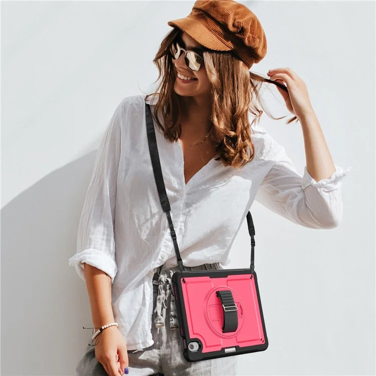 For iPad Air 11 (2024) Case Kickstand PC+TPU Tablet Cover with Pencil Holder Shoulder Strap