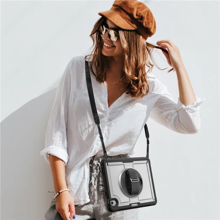 For iPad Air 11 (2024) Case Kickstand PC+TPU Tablet Cover with Pencil Holder Shoulder Strap