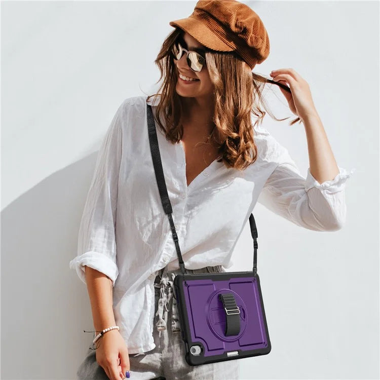 For iPad Air 11 (2024) Case Kickstand PC+TPU Tablet Cover with Pencil Holder Shoulder Strap