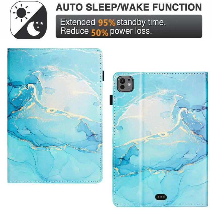 For iPad Pro 11 (2024) Smart Case Marble Leather Cover Card Slots Multi-Viewing Angels