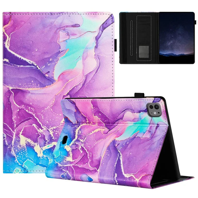For iPad Pro 11 (2024) Smart Case Marble Leather Cover Card Slots Multi-Viewing Angels