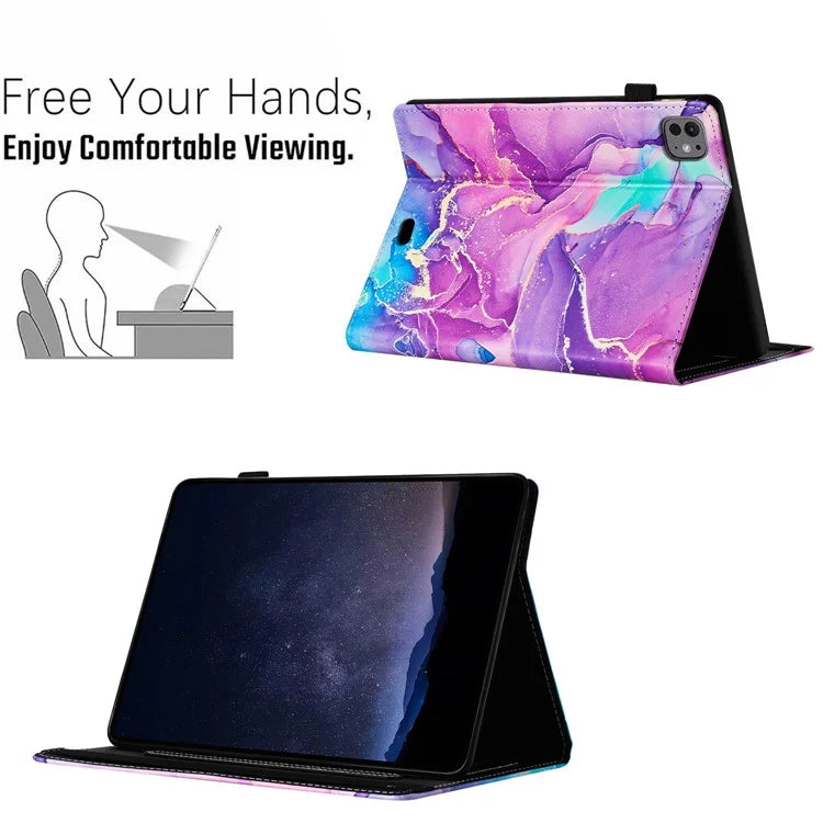 For iPad Pro 11 (2024) Smart Case Marble Leather Cover Card Slots Multi-Viewing Angels