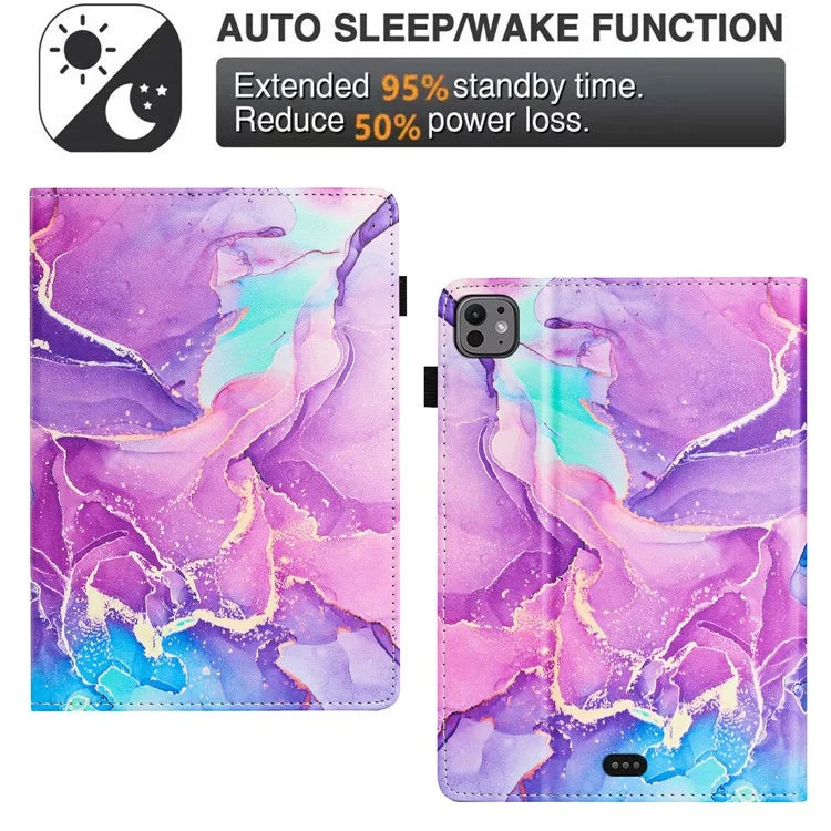 For iPad Pro 11 (2024) Smart Case Marble Leather Cover Card Slots Multi-Viewing Angels