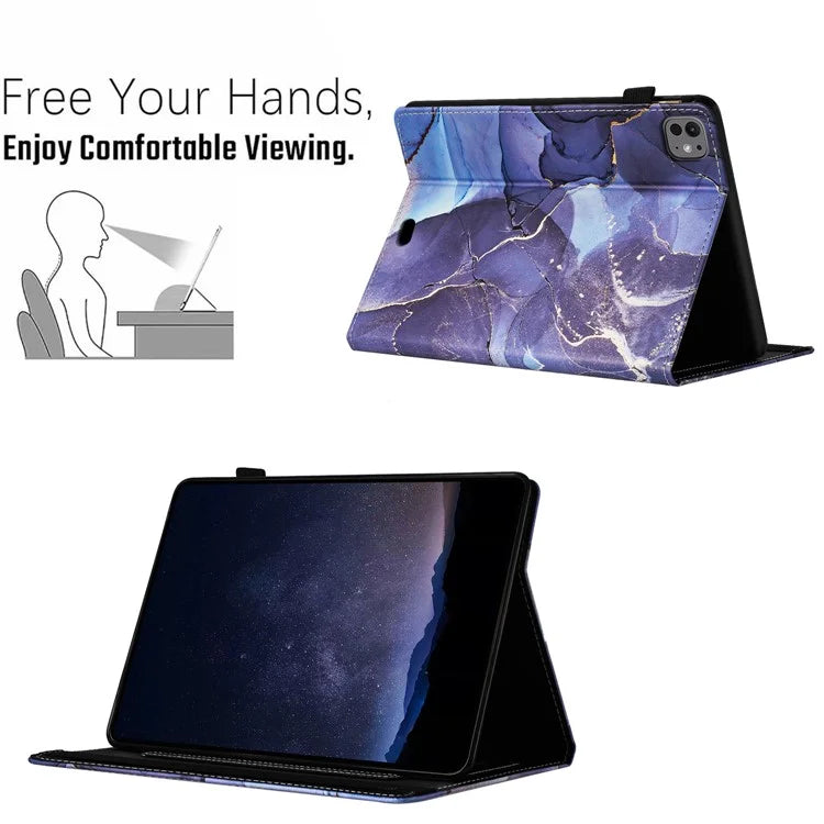 For iPad Pro 11 (2024) Smart Case Marble Leather Cover Card Slots Multi-Viewing Angels