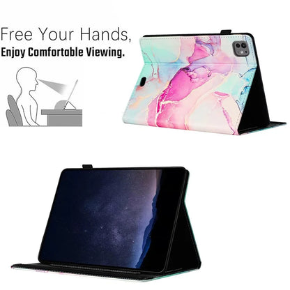 For iPad Pro 11 (2024) Smart Case Marble Leather Cover Card Slots Multi-Viewing Angels
