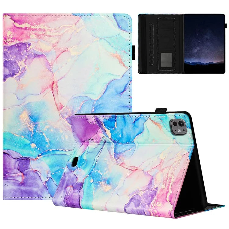 For iPad Pro 11 (2024) Smart Case Marble Leather Cover Card Slots Multi-Viewing Angels