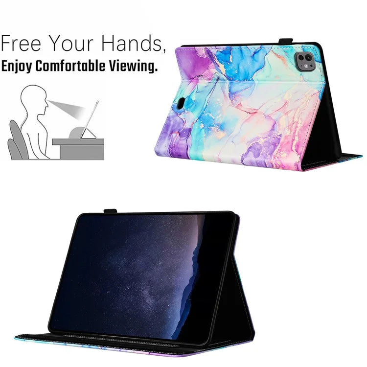 For iPad Pro 11 (2024) Smart Case Marble Leather Cover Card Slots Multi-Viewing Angels