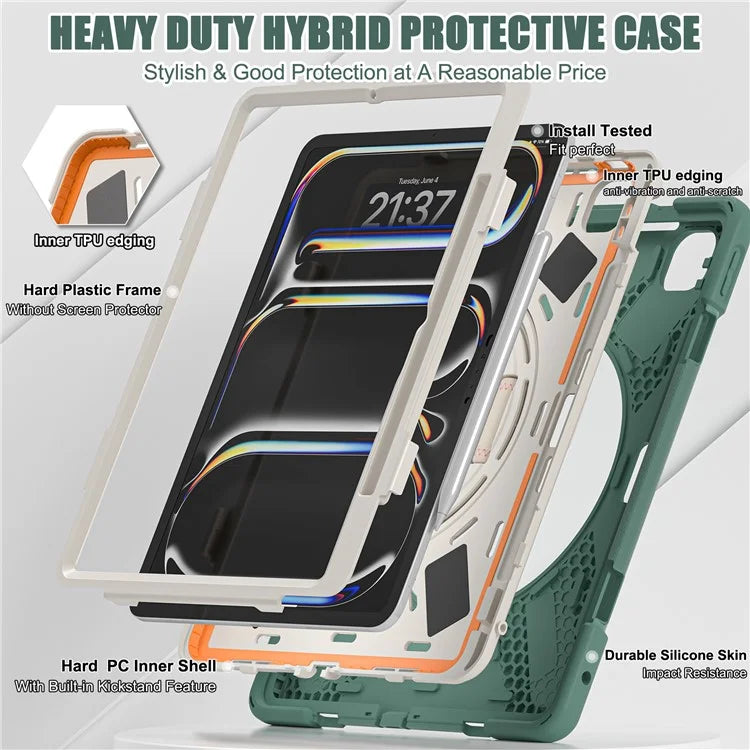 For iPad Pro 13 (2024) Case TPU+PC+Silicone Kickstand Tablet Cover with Pen Slot