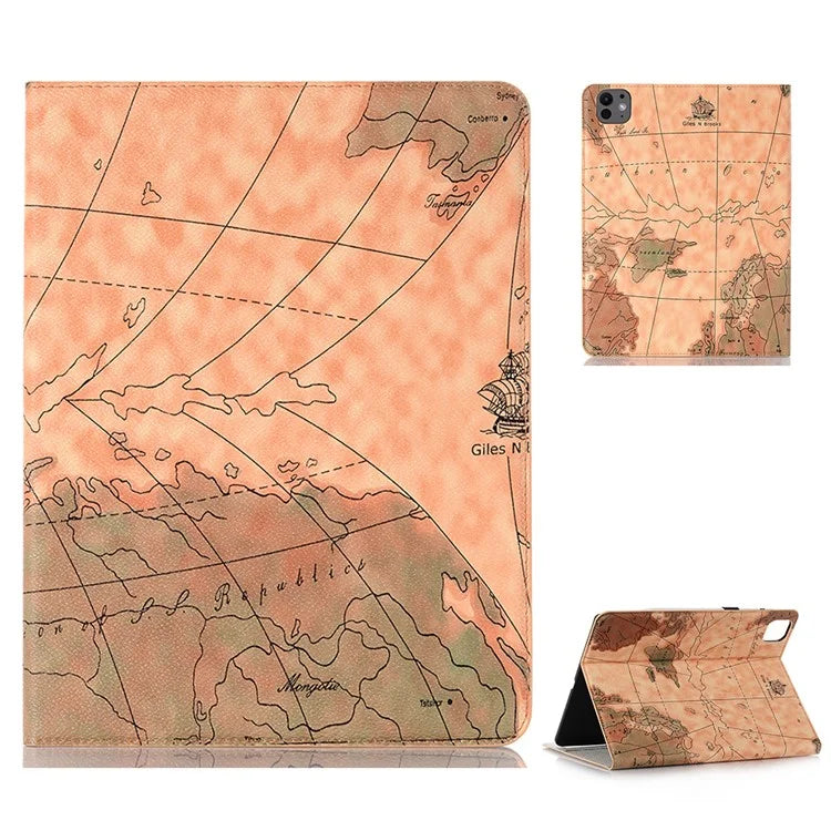 For iPad Pro 13 (2024) Case Wallet Map Pattern PU Leather Folio Tablet Cover Auto Wake / Sleep