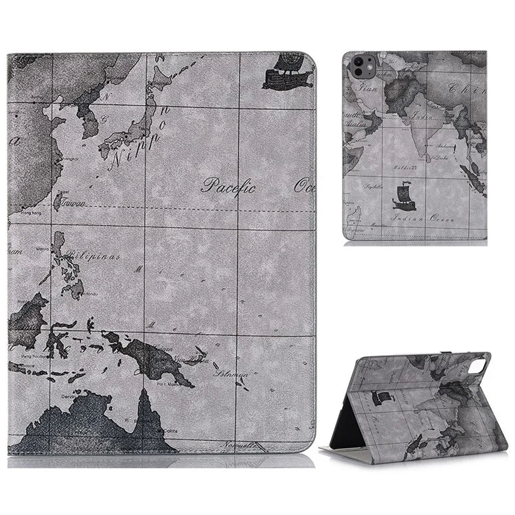 For iPad Pro 13 (2024) Case Wallet Map Pattern PU Leather Folio Tablet Cover Auto Wake / Sleep