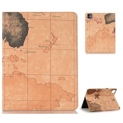 For iPad Pro 11 (2024) Case Auto Wake / Sleep Leather Tablet Cover Map Pattern Card Slots
