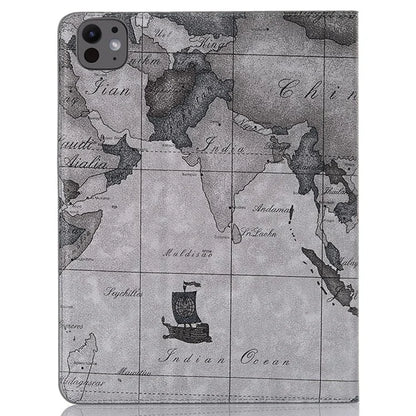 For iPad Pro 11 (2024) Case Auto Wake / Sleep Leather Tablet Cover Map Pattern Card Slots